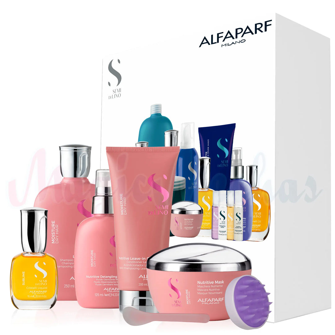 Kit Alfaparf Semi Di Lino Moisture Dry Hair Shampoo + Acondicionador + Mascarilla + Desenredante + Obsequio Alfaparf