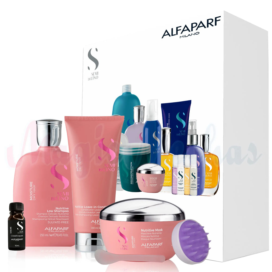 Kit Alfaparf Semi Di Lino Moisture Dry Hair Shampoo + Acondicionador + Mascarilla + Obsequio (30 ml en sachets) Alfaparf