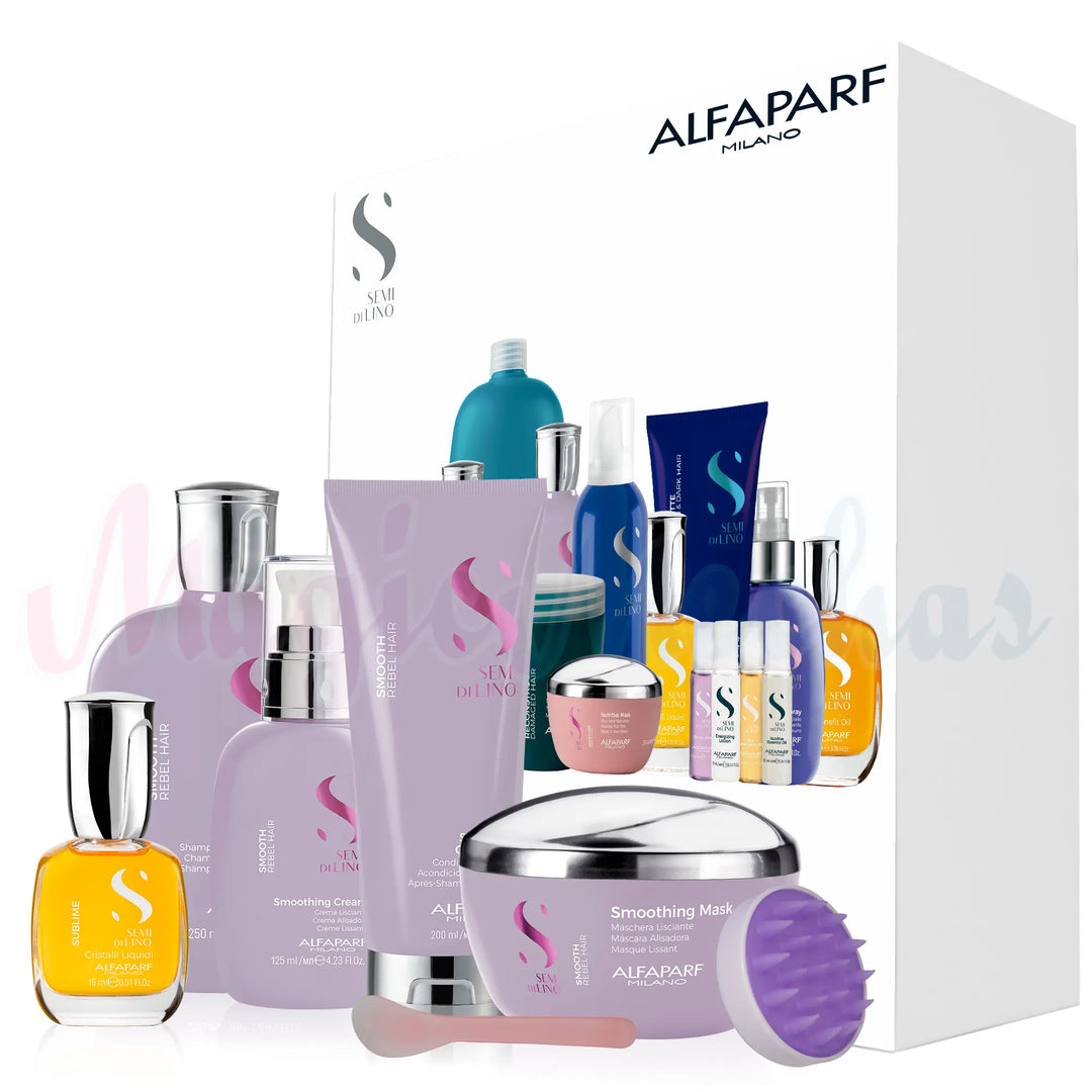 Kit Alfaparf Semi Di Lino Smooth Rebel Hair Shampoo + Acondicionador + Mascarilla + Crema Alisadora + Obsequio Alfaparf