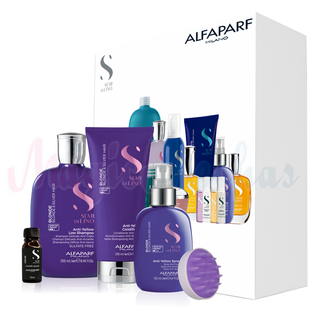 Kit Alfaparf Semi Di Lino Blonde  & Silver Hair Shampoo + Acondicionador + Spray Anti Amarillo + Obsequio (10ml)