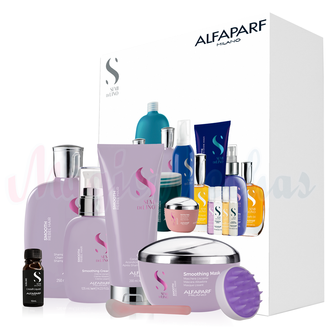 Kit Alfaparf Semi Di Lino Smooth Rebel Hair Shampoo + Acondicionador + Mascarilla + Crema Alisadora + Obsequio (10ml)